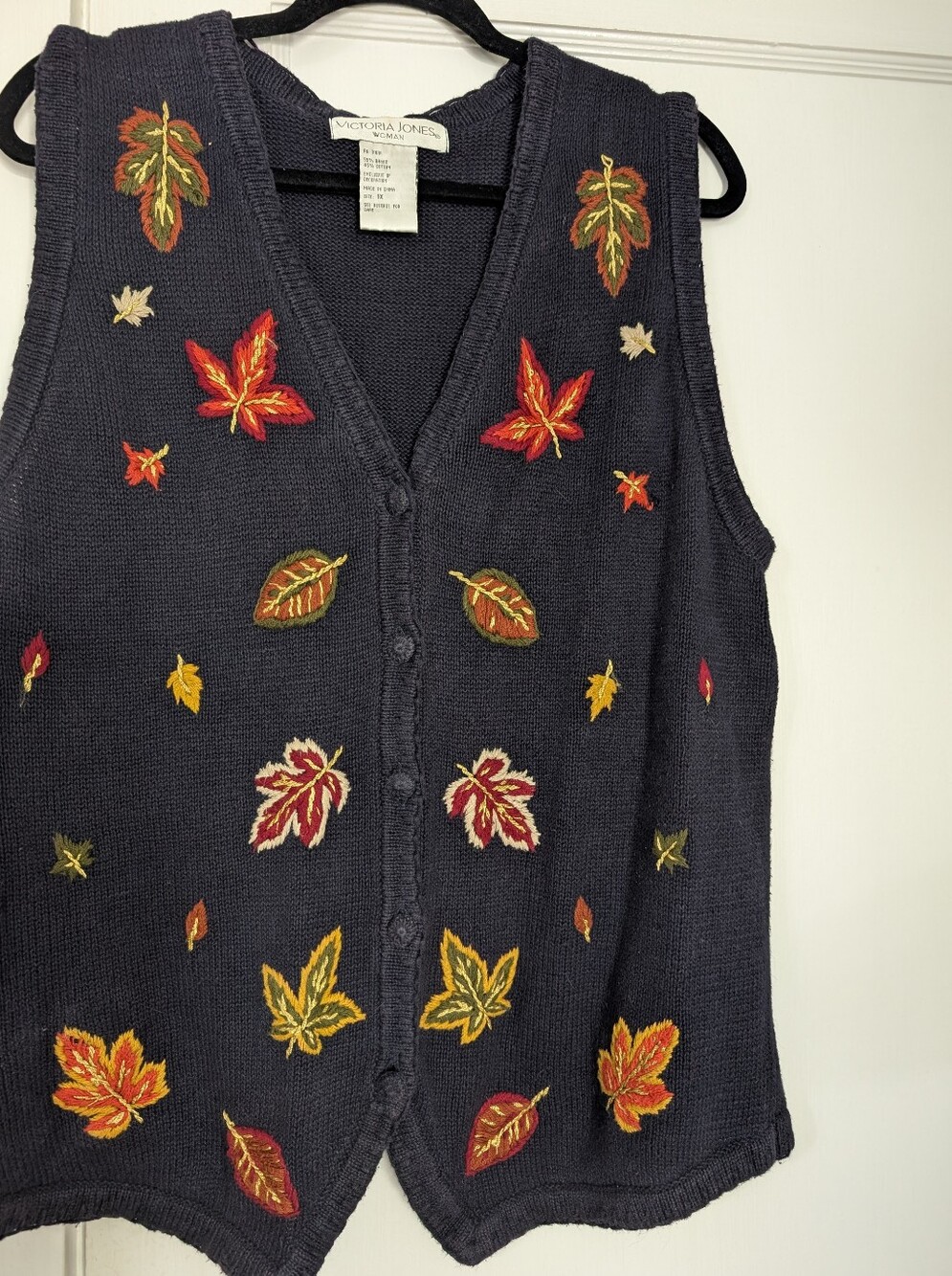 Victoria Jones 90s Vtg Sweater Vest Fall Autumn Leaves Women's 1X Embroidered